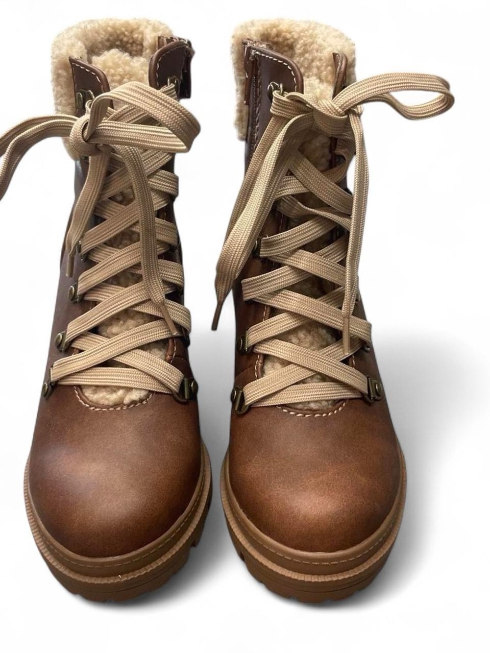 Soda Brown Lace-Up Faux-Shearling Winter Boots